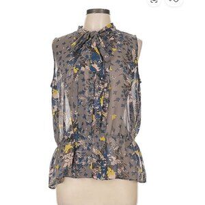 Loft‎ Petites Sleeveless Blouse | Size XSP | Button Front with Bow | Grey + Blue